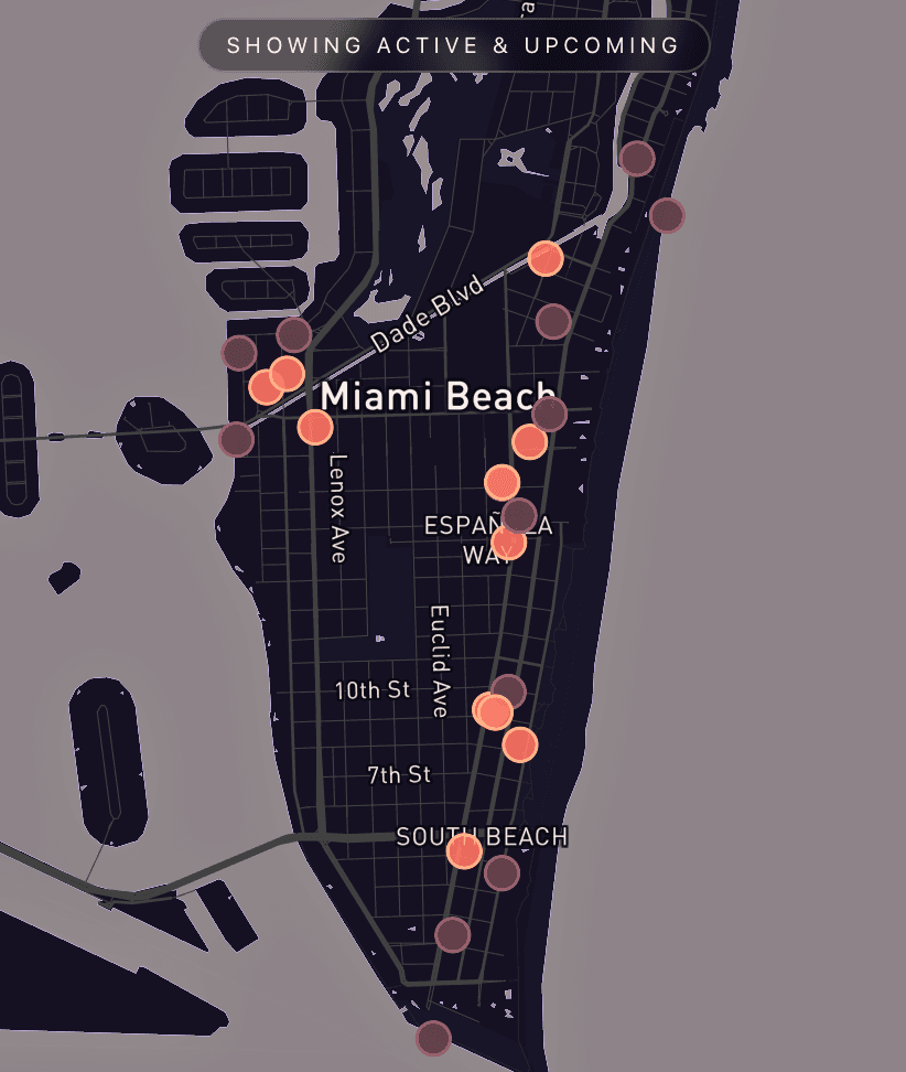 Perkhaus map view showing active venues across Miami Beach